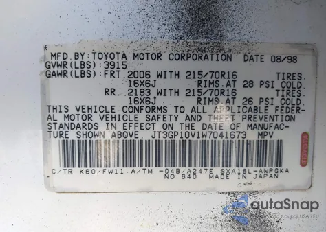 1998 Toyota Rav4 from USA, damaged, VIN JT3GP10V1W7041673